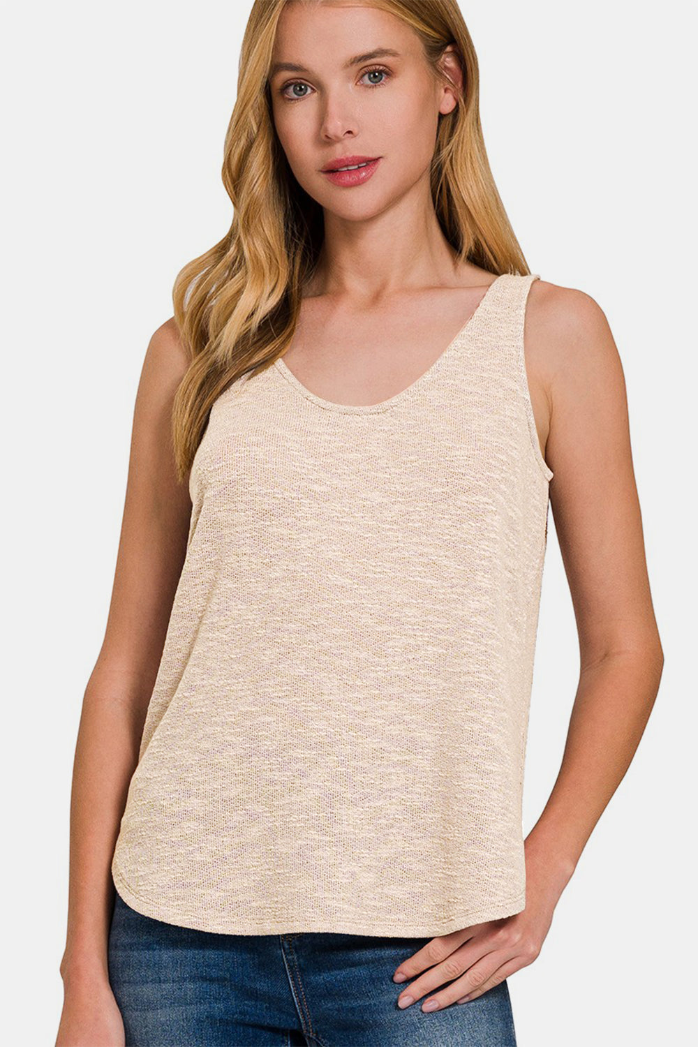 Zenana Curved Hem Round Neck Tank - Sand Beige