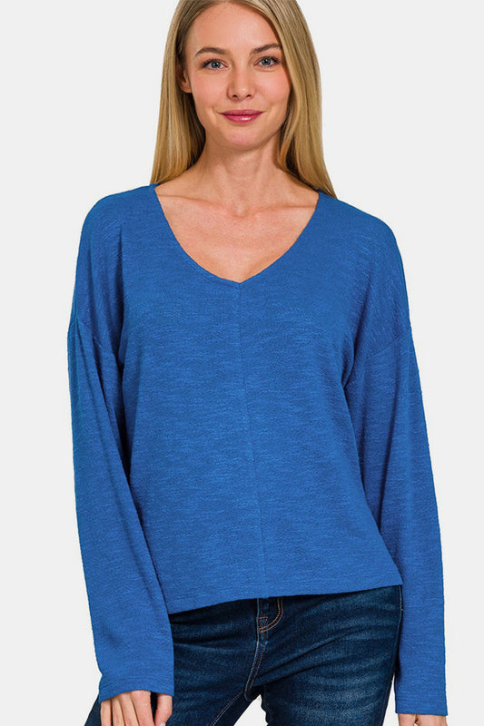 Zenana Dropped Shoulder Long Sleeve T-Shirt - Classic Blue