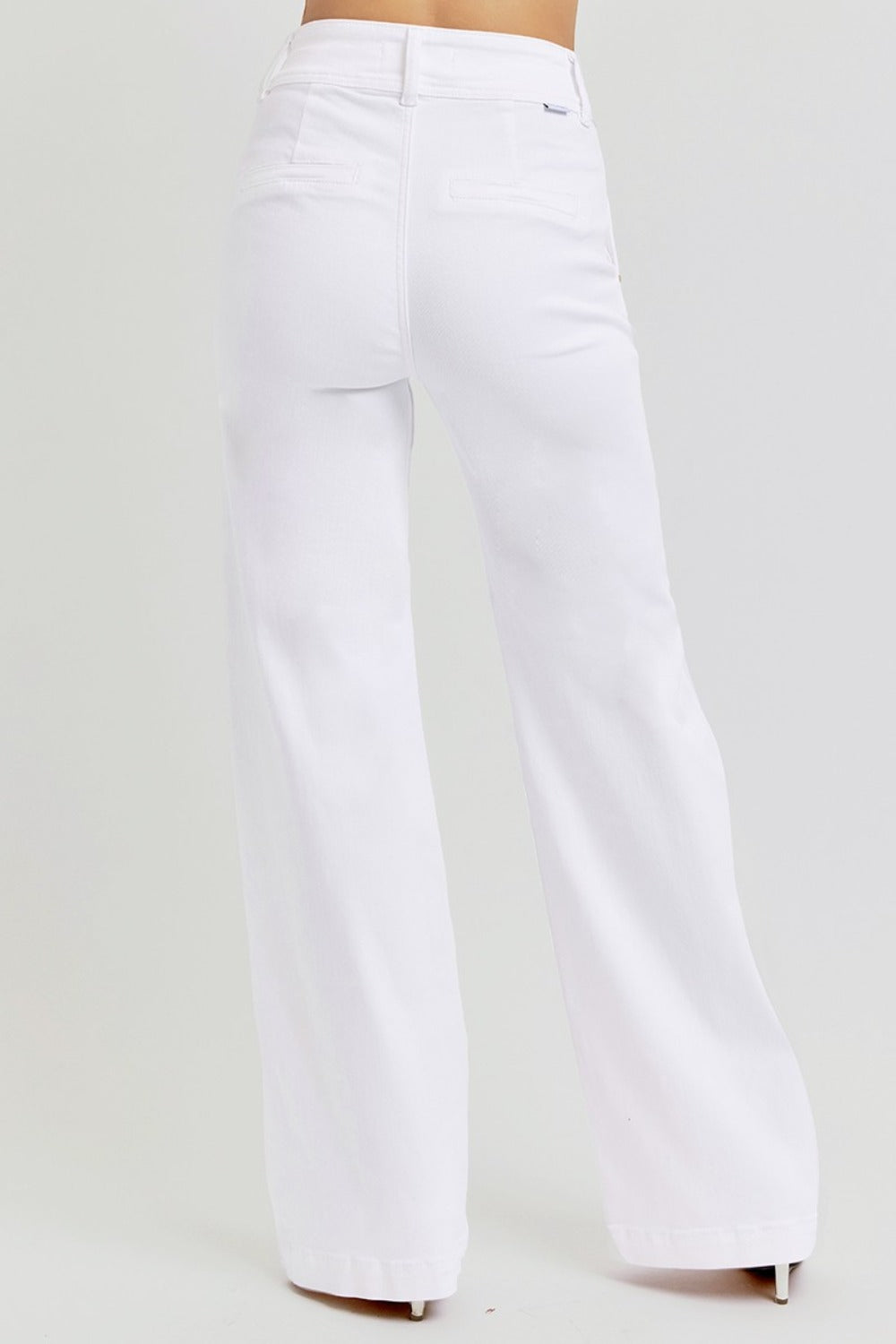 RISEN Full Size Tummy Control Double Button Wide Leg Jeans - White