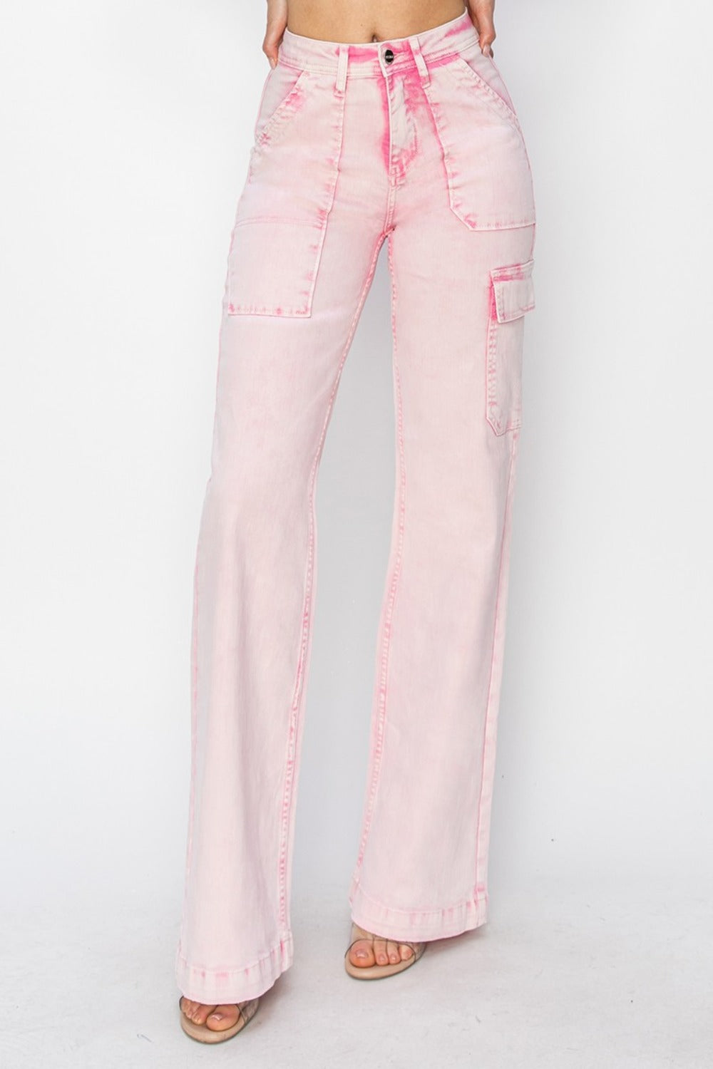 RISEN Full Size High Rise Wide Leg Cargo Pocket Jeans - Acid Pink