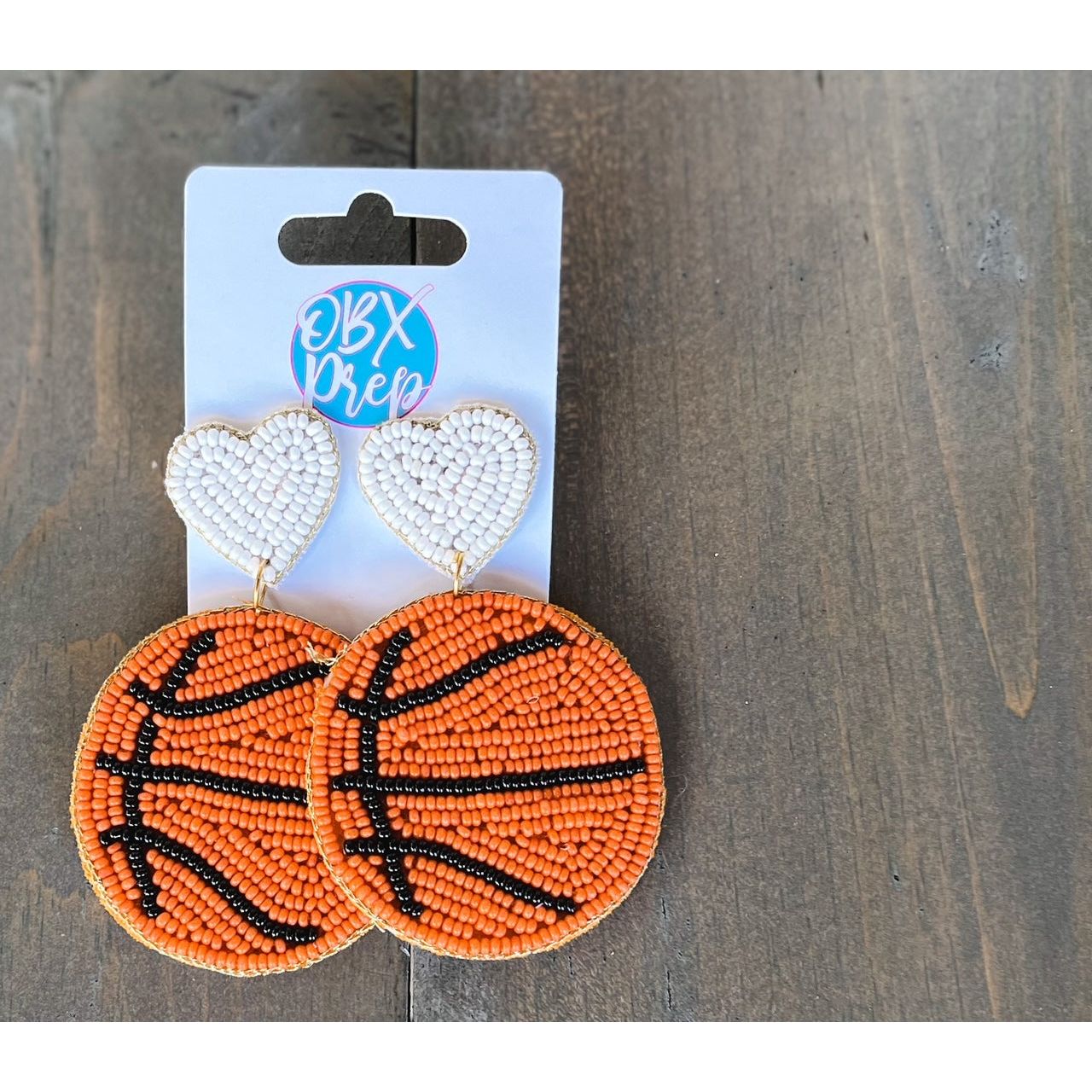 Basketball Heart Seed Bead Dangle Earrings 