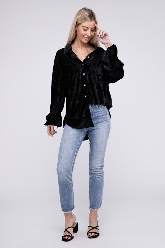 Wrinkle Effect Tiered Shirring Velvet Shirt - BiBi