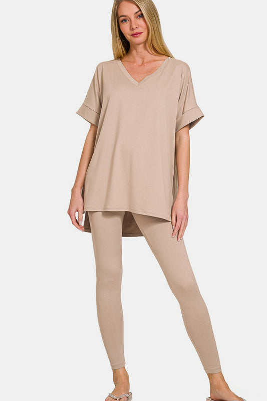 Zenana Full Size V-Neck Rolled Short Sleeve T-Shirt and Leggings Lounge Set - Lt Mocha