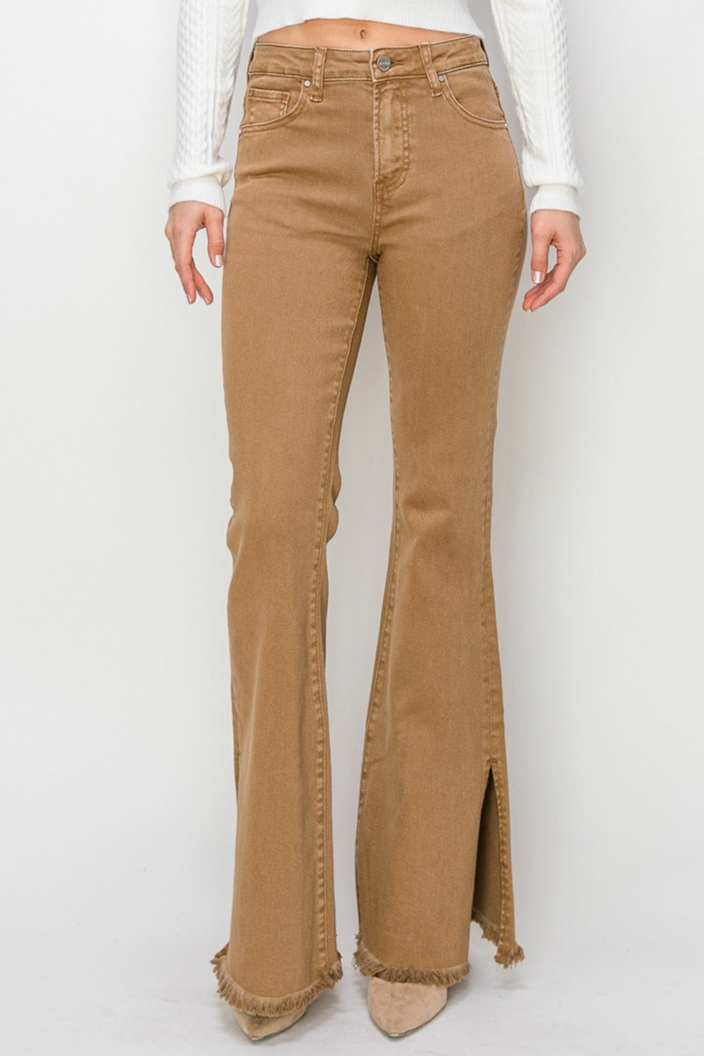 RISEN Bailey Full Size High Waist Side Slit Flare Jeans - Brown