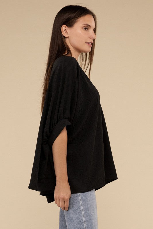 Woven Airflow V-Neck Puff Half Sleeve Top - Zenana