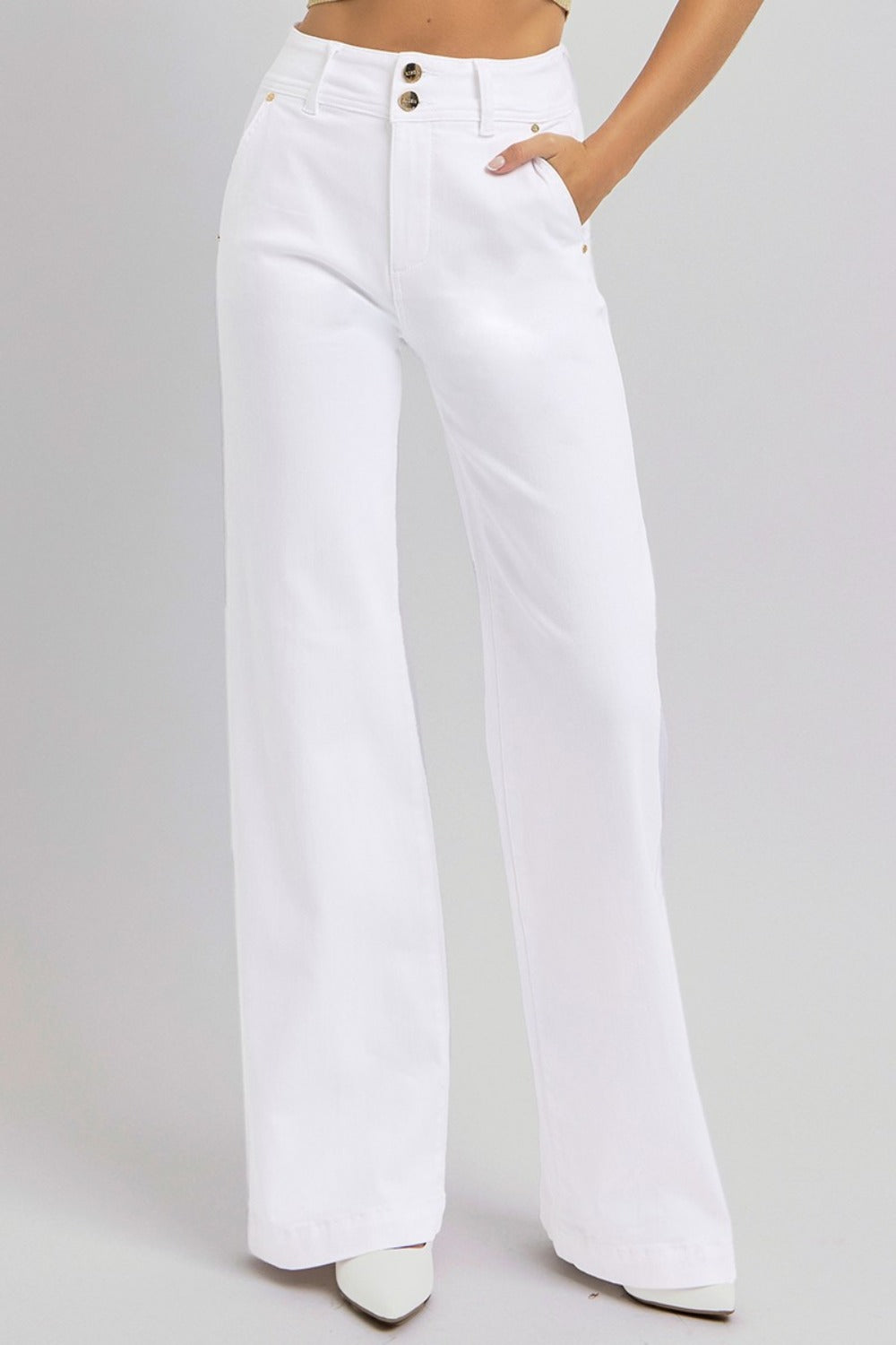 RISEN Full Size Tummy Control Double Button Wide Leg Jeans - White