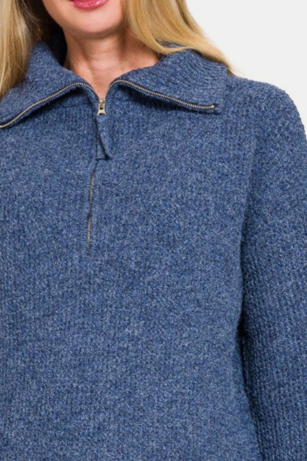 Zenana Half Zip Long Sleeve Sweater - Navy