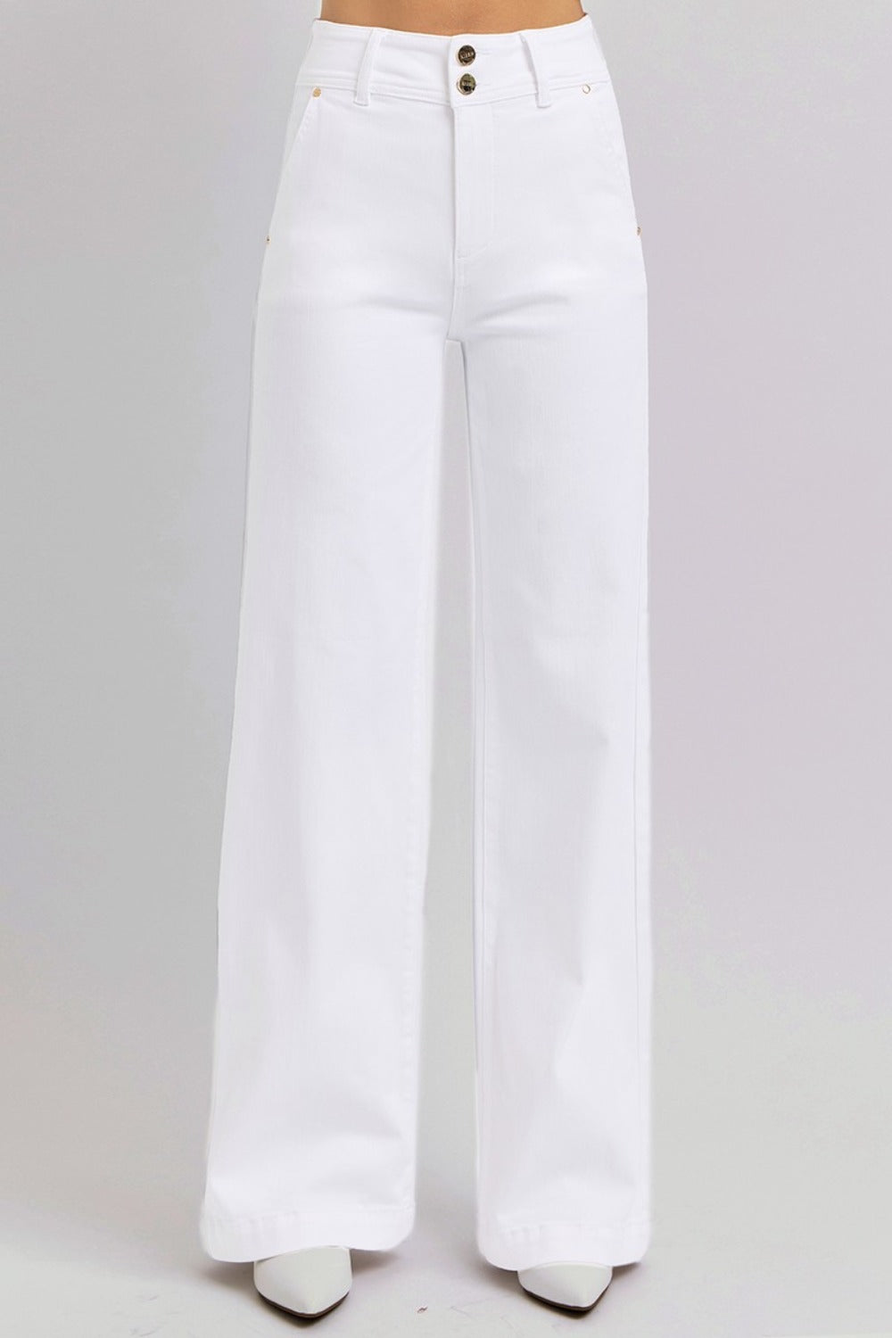 RISEN Full Size Tummy Control Double Button Wide Leg Jeans - White