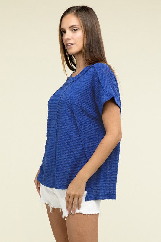 Brushed Waffle Exposed-Seam Short Sleeve Top - Zenana