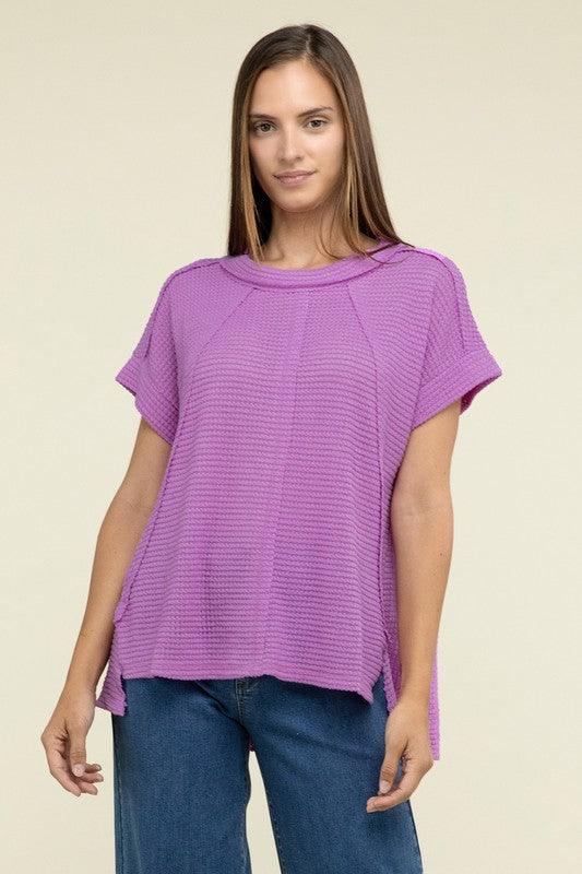 Brushed Waffle Exposed-Seam Short Sleeve Top - Zenana