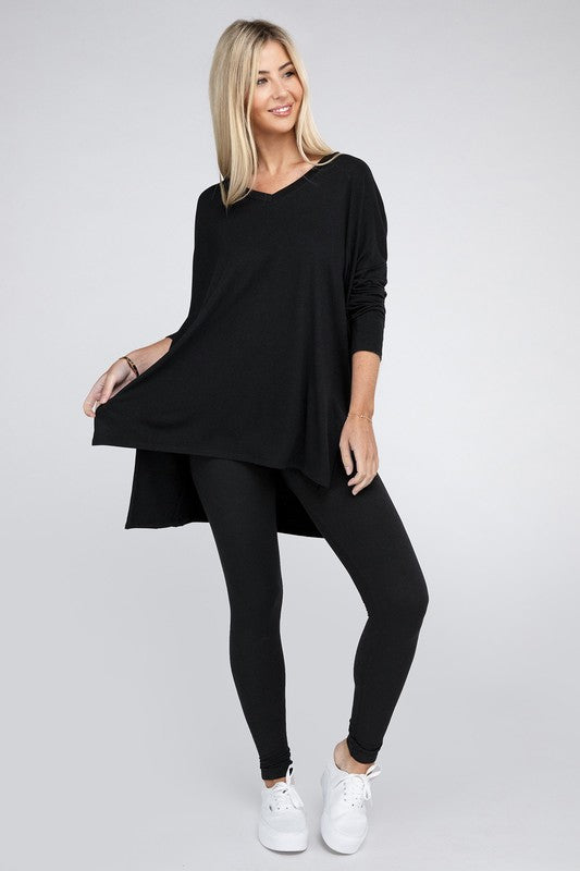 Dolman Long Sleeve V-Neck Side Slit Hi-Low Hem Top - Zenana