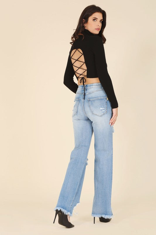 Mock Neck Lace-up Open Back Top - Lilou