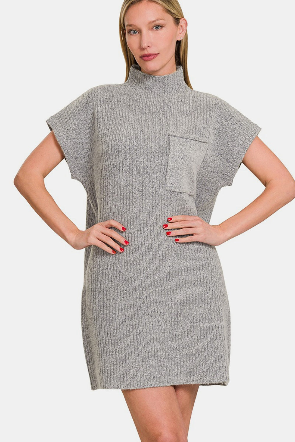 Zenana Short Sleeve Sweater Mini Dress - Grey