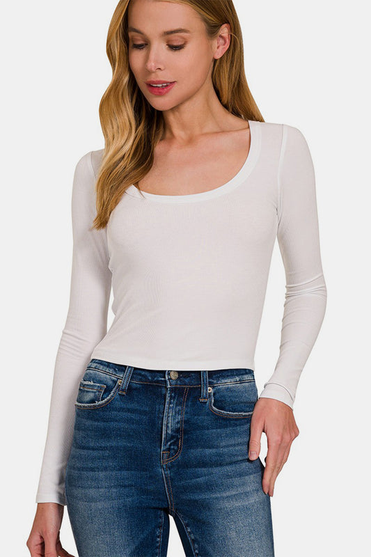Zenana Scoop Neck Long Sleeve T-Shirt - White