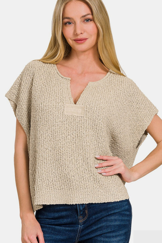 Zenana Short Sleeve Side Slit Sweater - Mocha