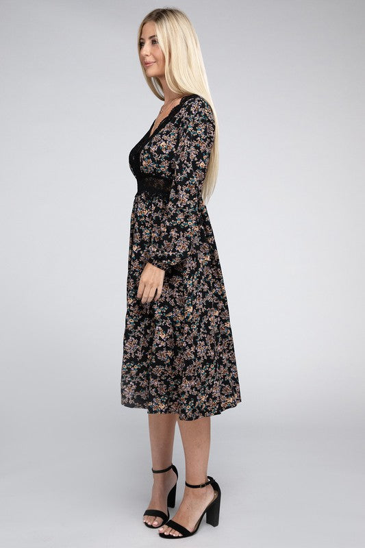 Contrast Lace Floral Print Dress - Nuvi Apparel