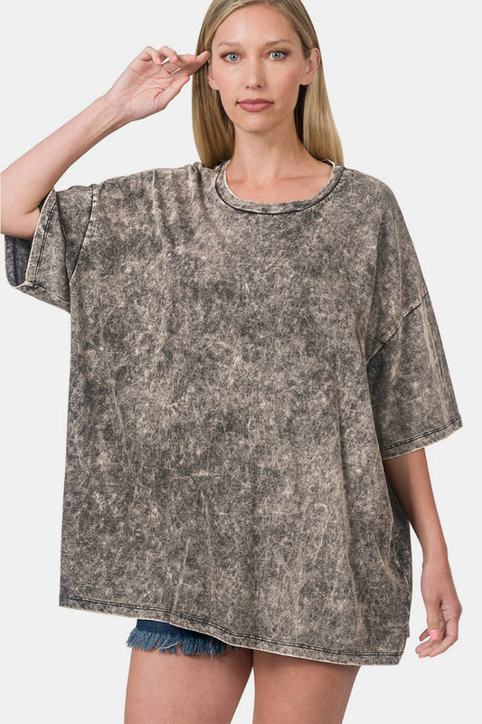 Zenana Washed Round Neck Drop Shoulder Oversized T-Shirt - Ash Black