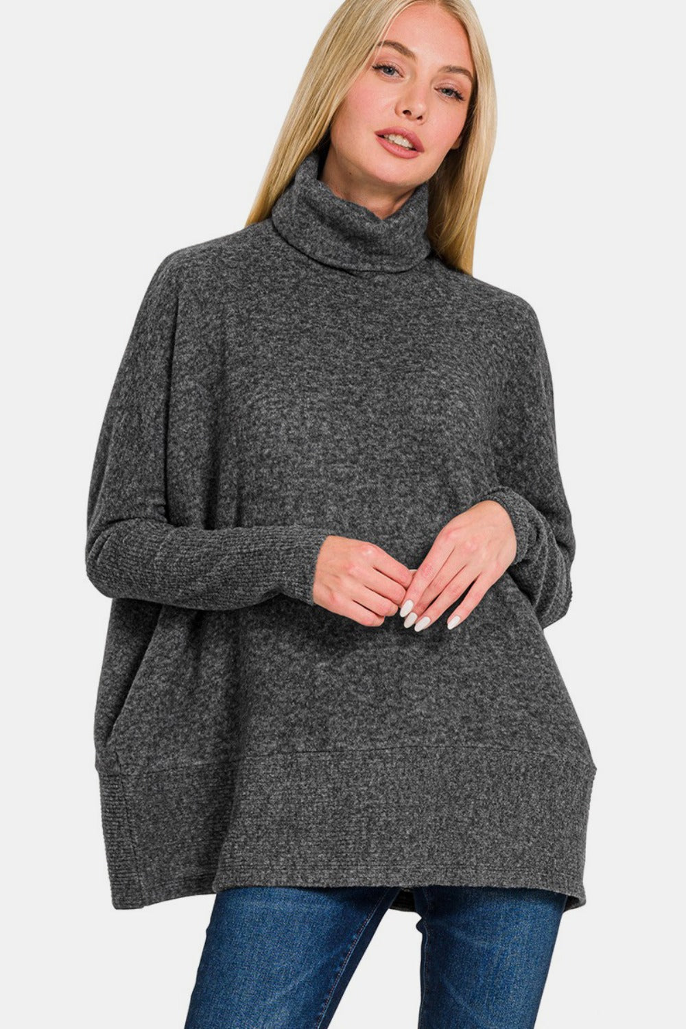 Zenana Full Size Brushed Melange Hacci Turtleneck Sweater - Black