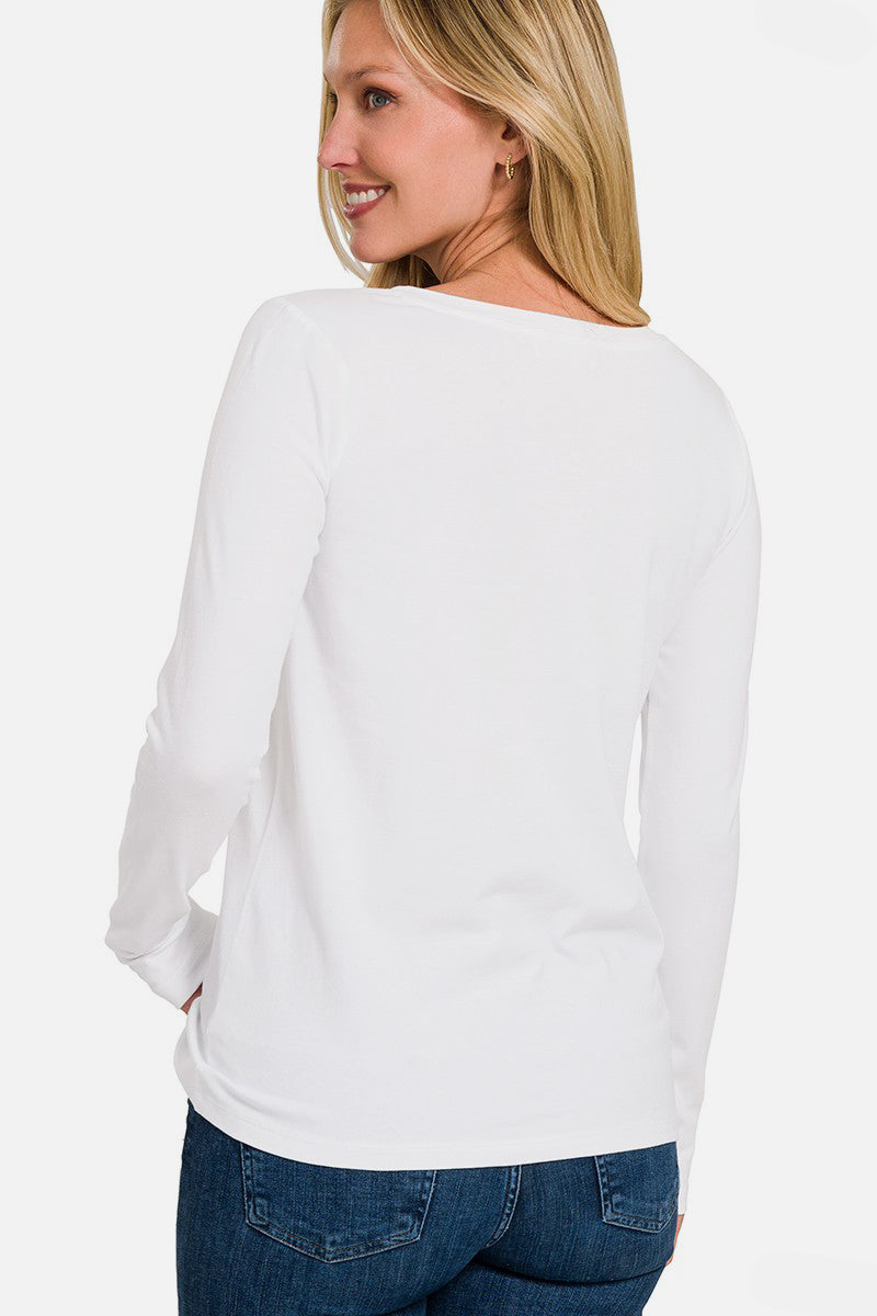 Zenana Full Size V-Neck Long Sleeve T-Shirt - White