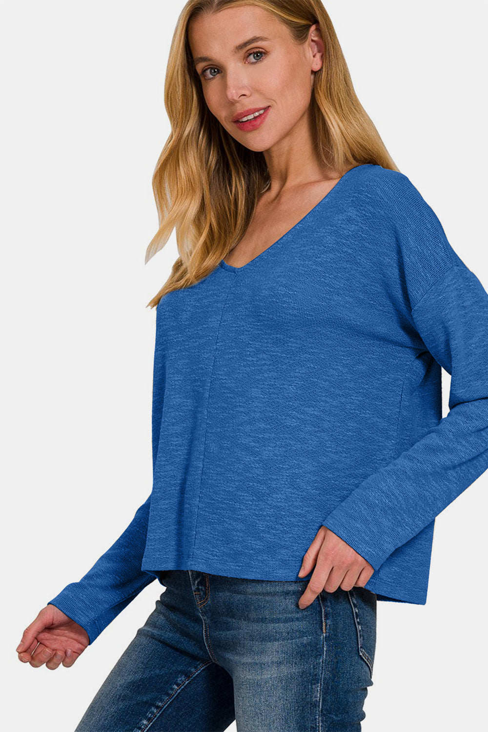 Zenana Dropped Shoulder Long Sleeve T-Shirt - Classic Blue