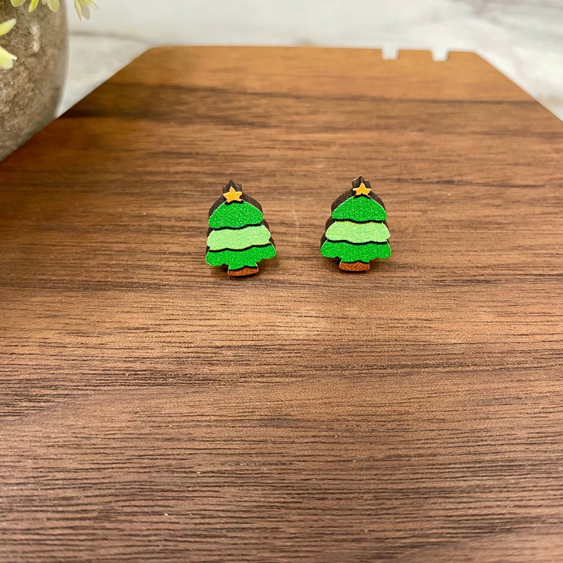 Wooden Stud Earrings - Christmas - Trees 