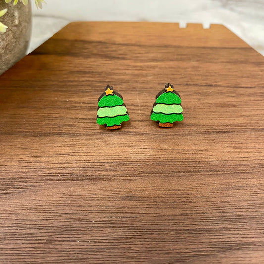 Wooden Stud Earrings - Christmas - Trees 