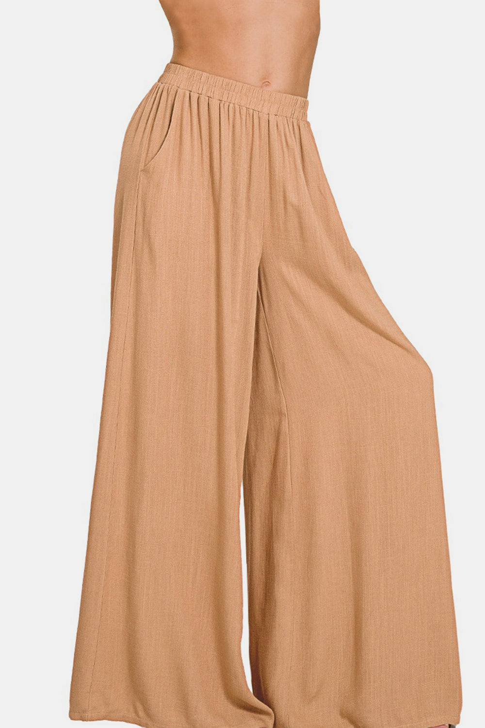 Zenana Pleated Linen Blend Wide Leg Pants - Dk Brush