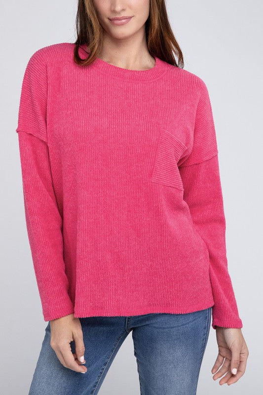 Ribbed Brushed Melange Hacci Sweater with a Pocket - Zenana