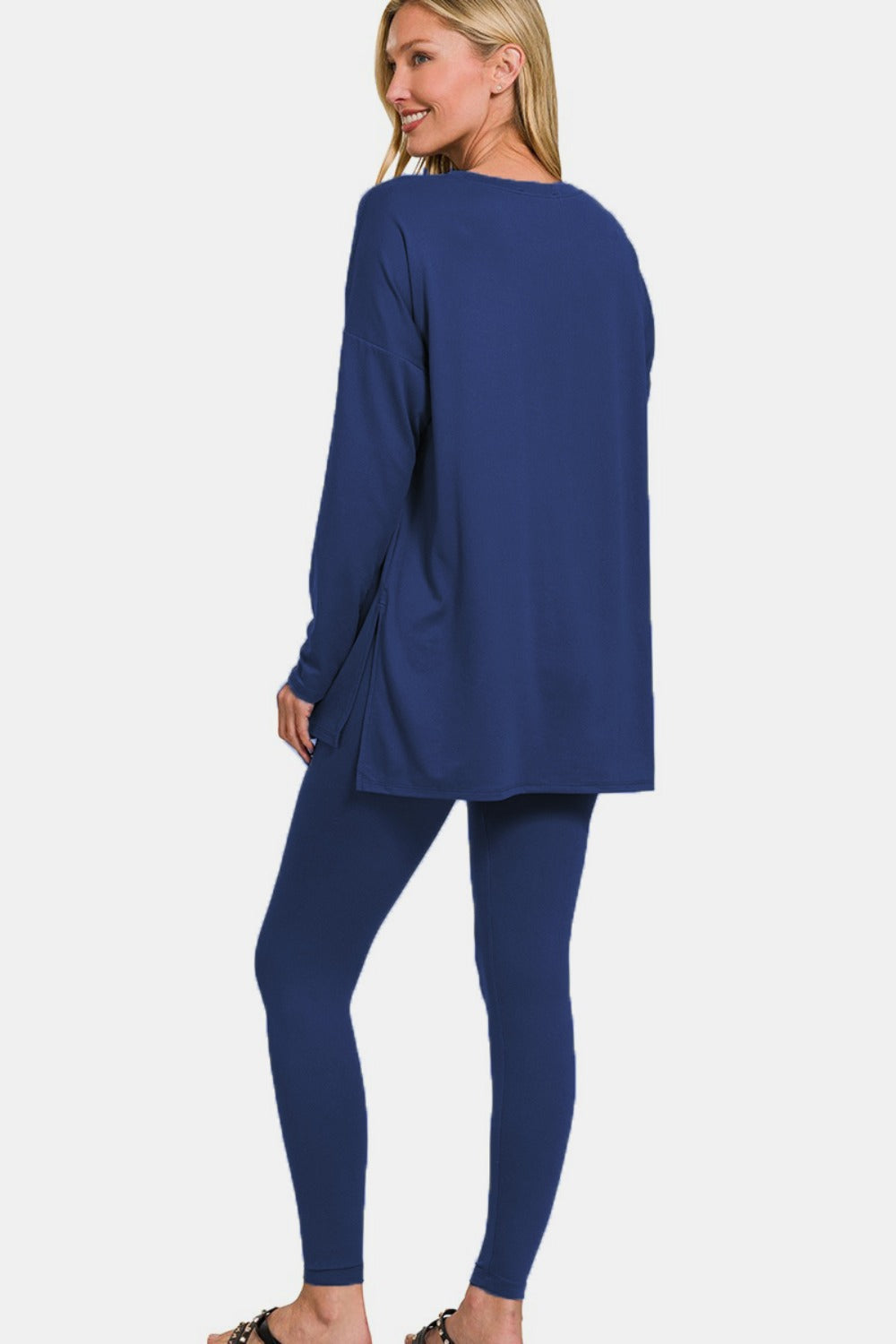 Zenana Full Size Brushed Microfiber Top and Leggings Lounge Set - Light Navy