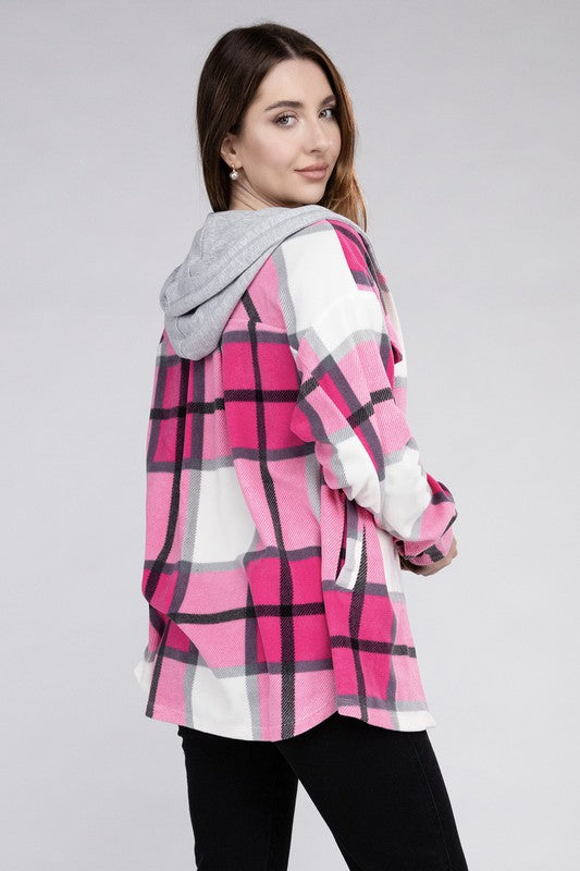 Plaid Drawstring Hooded Fleece Shacket - Zenana