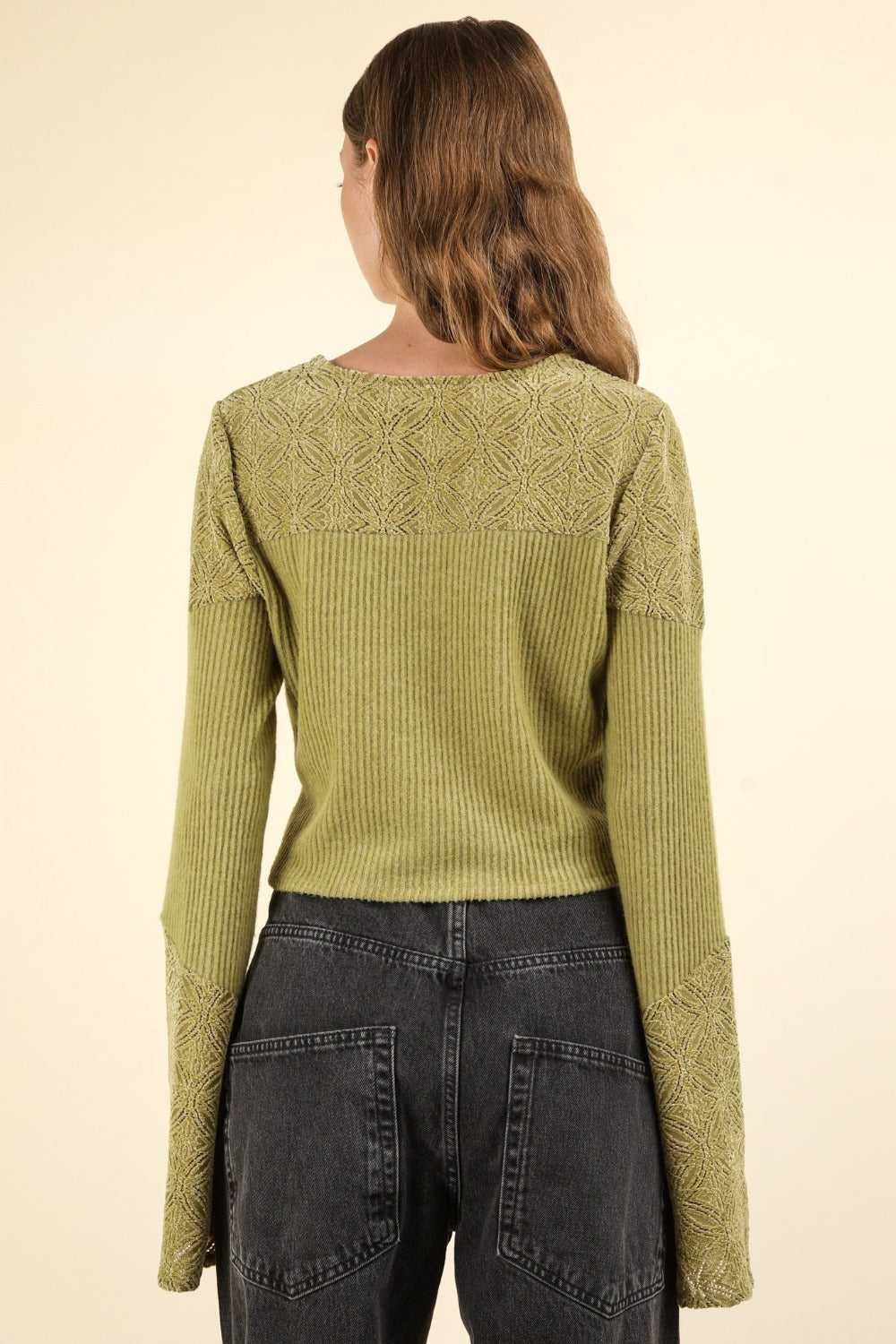 VERY J V-Neck Lace Detail Button Down Crop Ribbed Knit Top - Olive