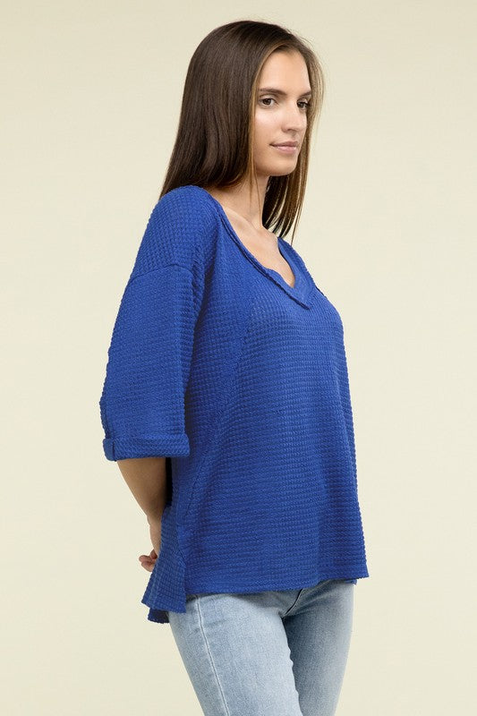 Brushed Waffle Exposed-Seam 3/4 Sleeve Top - Zenana