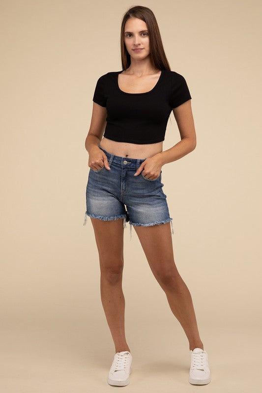 Mid Rise Raw Frayed Hem Denim Shorts - Zenana