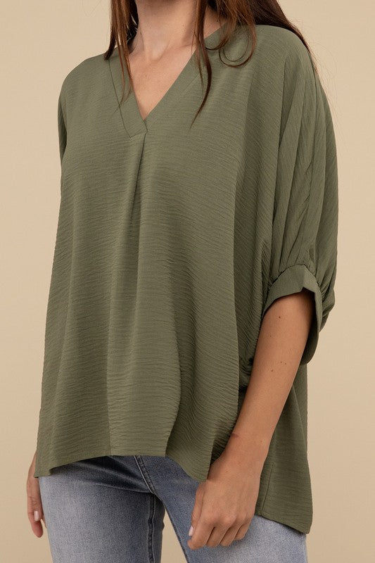 Woven Airflow V-Neck Puff Half Sleeve Top - Zenana