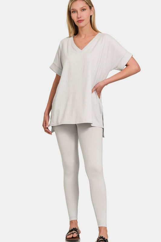 Zenana V-Neck Rolled Short Sleeve T-Shirt and Leggings Lounge Set - Cement