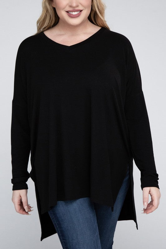 Plus Dolman Sleeve V-Neck Side Slit Hi-Low Hem Top - Zenana