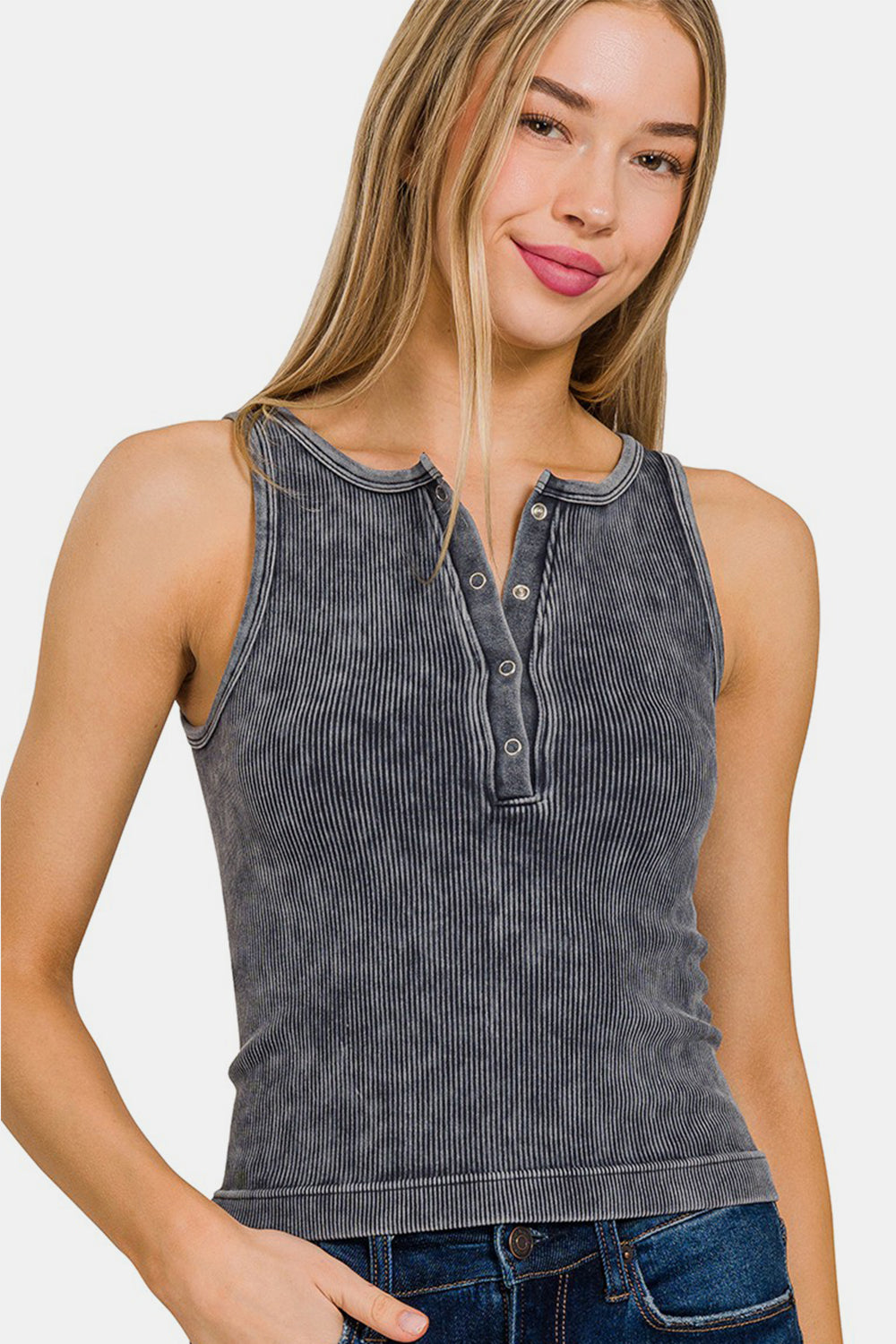 Zenana Washed Ribbed Half Snap Seamless Tank - Ash Black