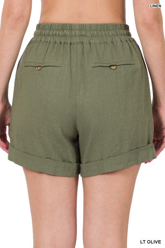 Linen Drawstring-Waist Shorts with Pockets - Zenana