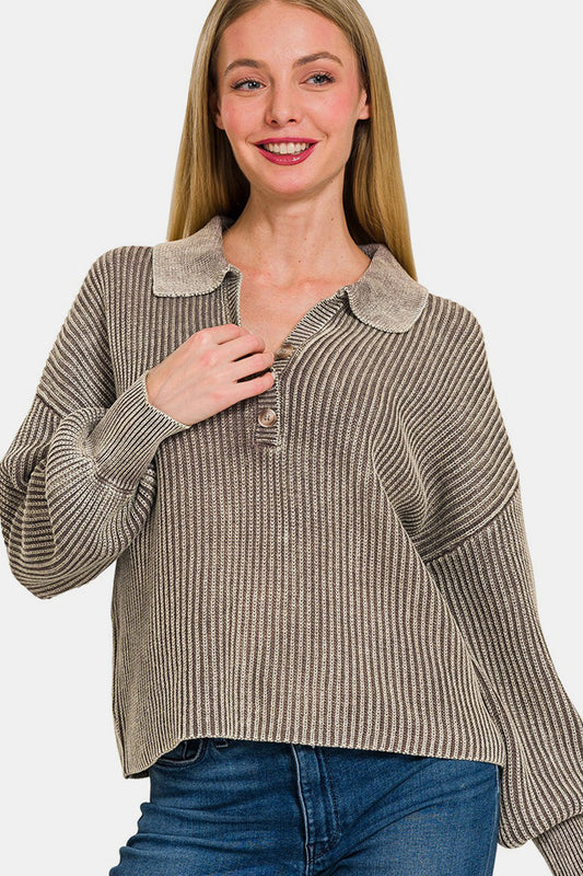 Zenana Washed Half Button Long Sleeve Sweater - Mocha