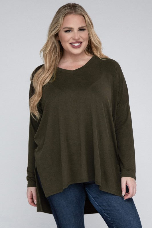 Plus Dolman Sleeve V-Neck Side Slit Hi-Low Hem Top - Zenana