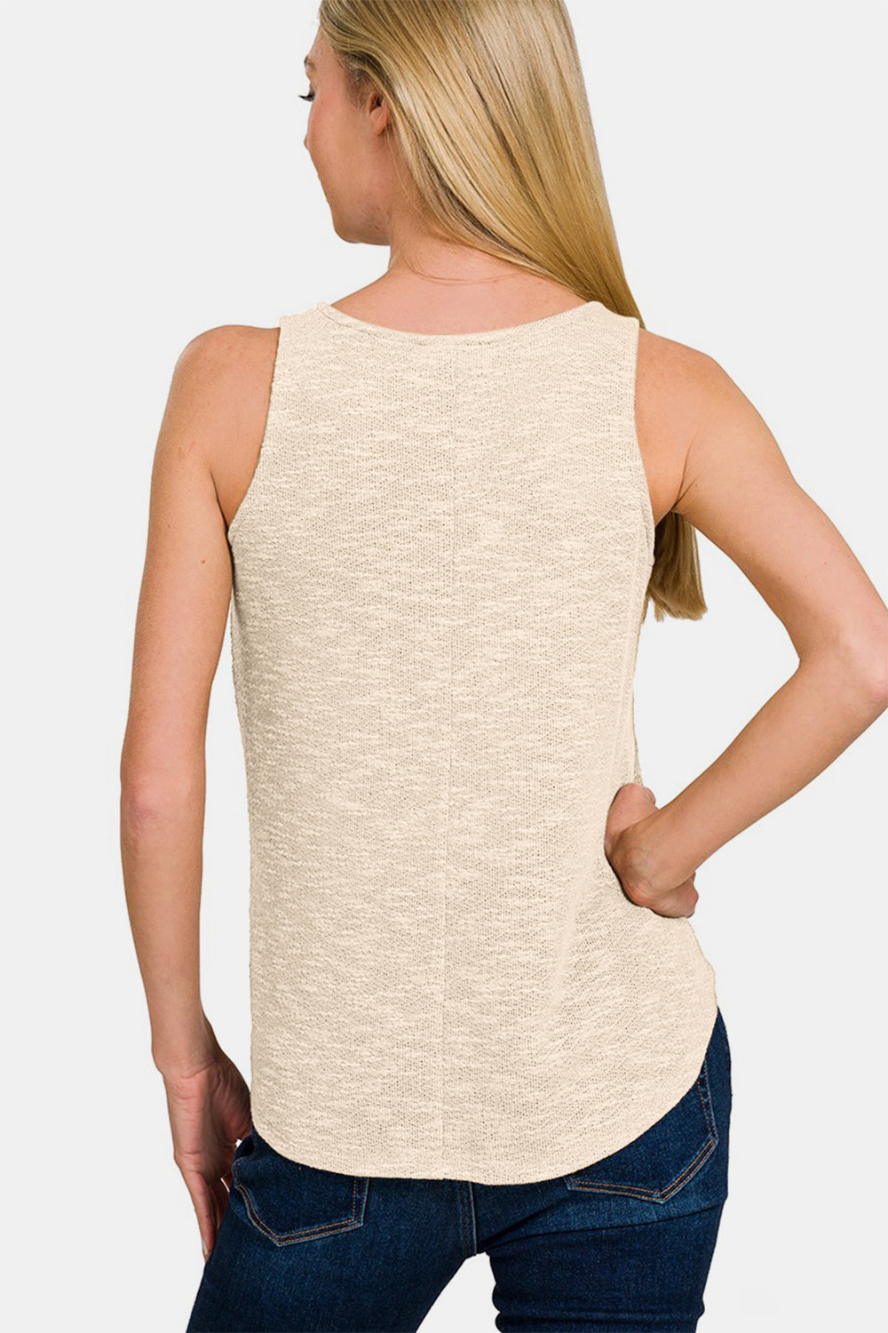 Zenana V-Neck Curved Hem Tank - Sand Beige