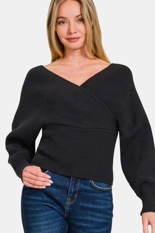 Zenana Cross Wrap Rib Long Sleeve Sweater - Black 