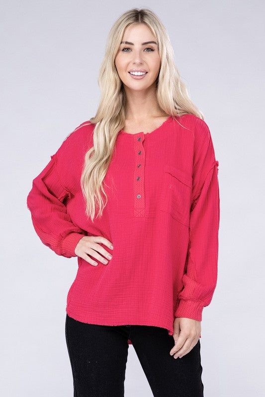 Double Gauze Oversized 3/4 Button Henley Neck Top - Zenana