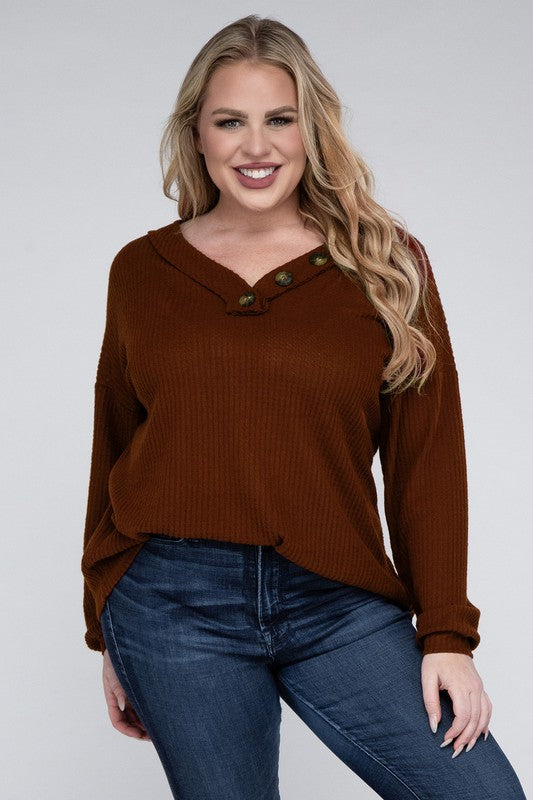 Plus Brushed Waffle V-Neck Button Detail Sweater - Zenana