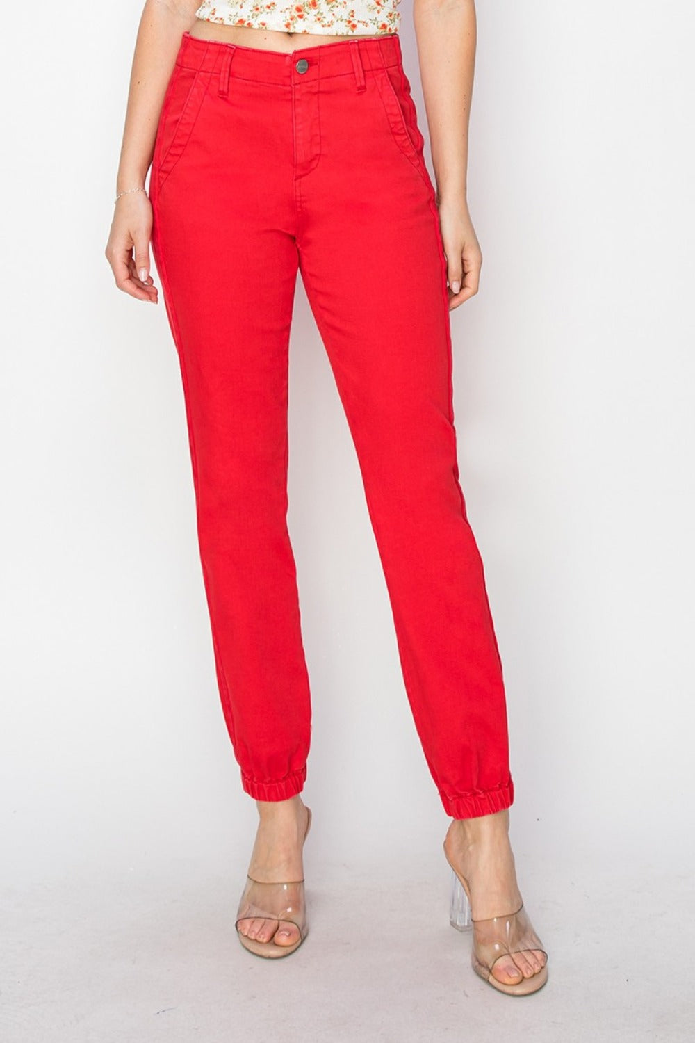 RISEN Full Size High Waisted Jogger Jeans - Scarlet