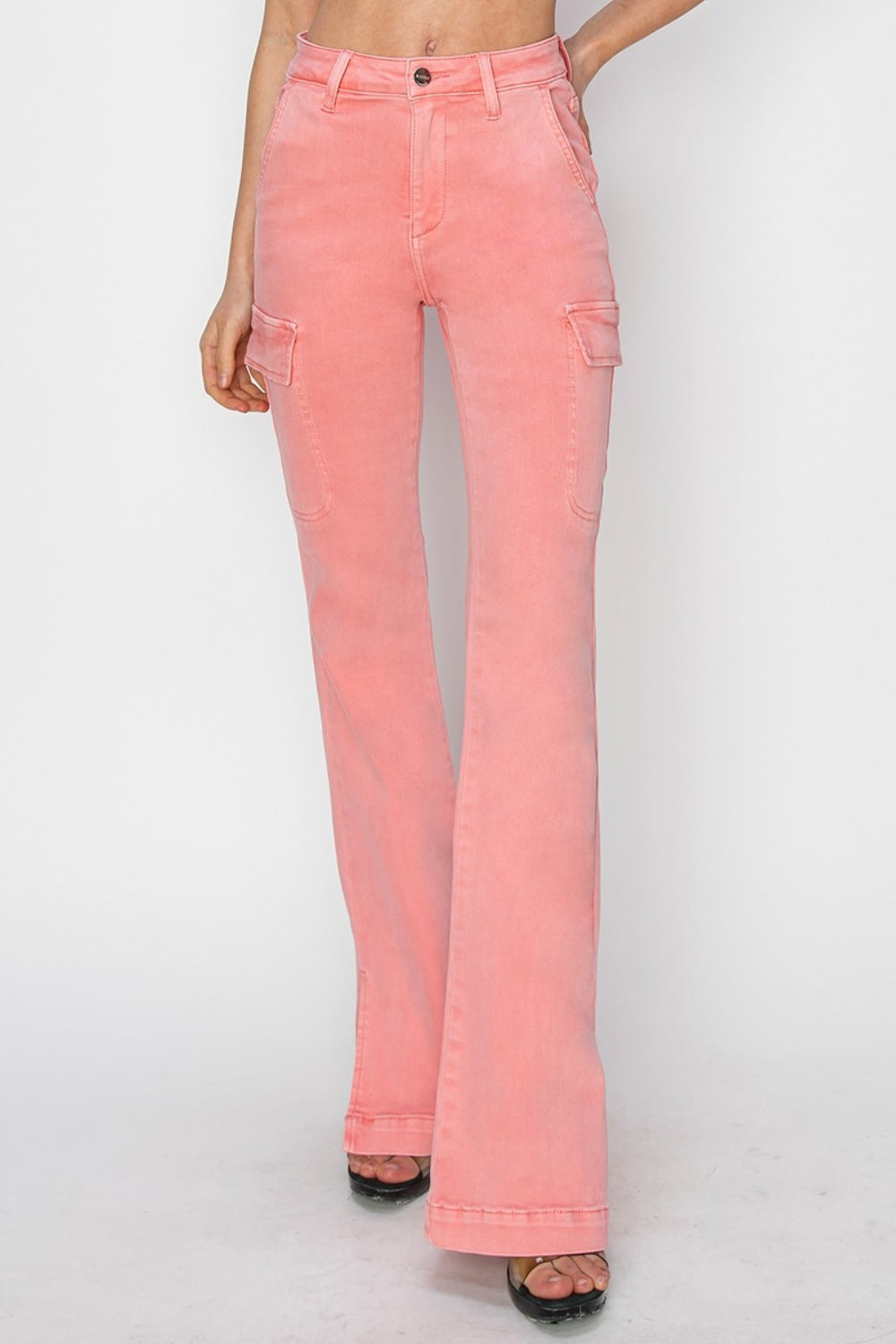 RISEN Full Size High Rise Side Slit Cargo Bootcut Jeans - Flamingo