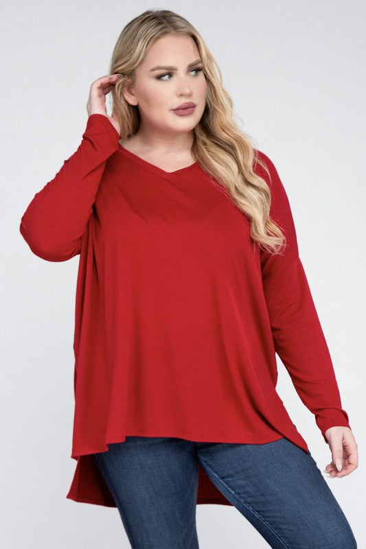 Plus Dolman Sleeve V-Neck Side Slit Hi-Low Hem Top - Zenana