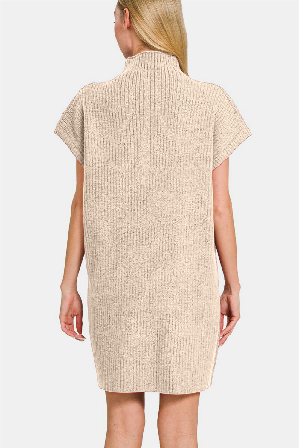 Zenana Short Sleeve Sweater Mini Dress - Sand Beige