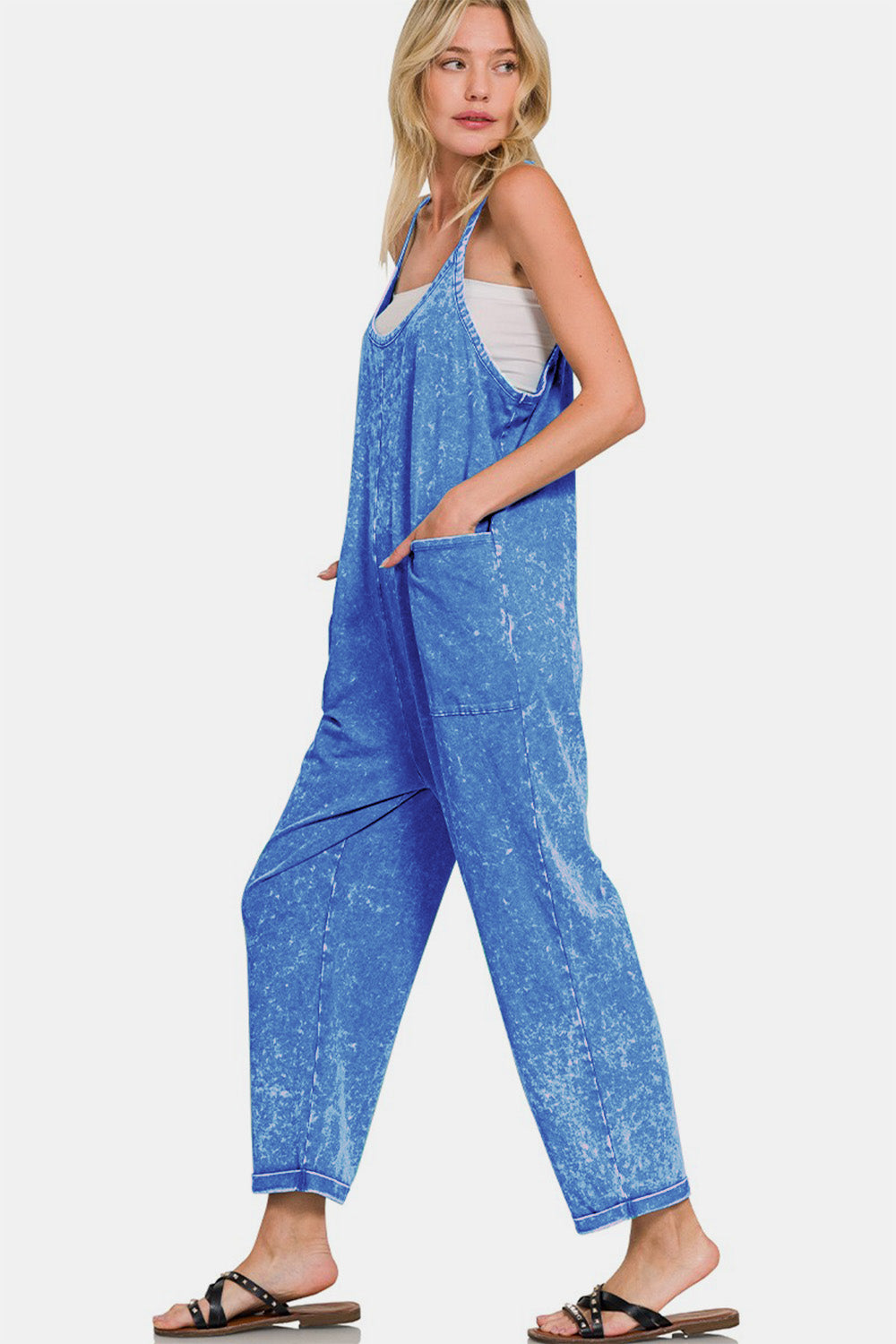 Zenana Washed Spaghetti Straps Overalls with Pockets - Blue