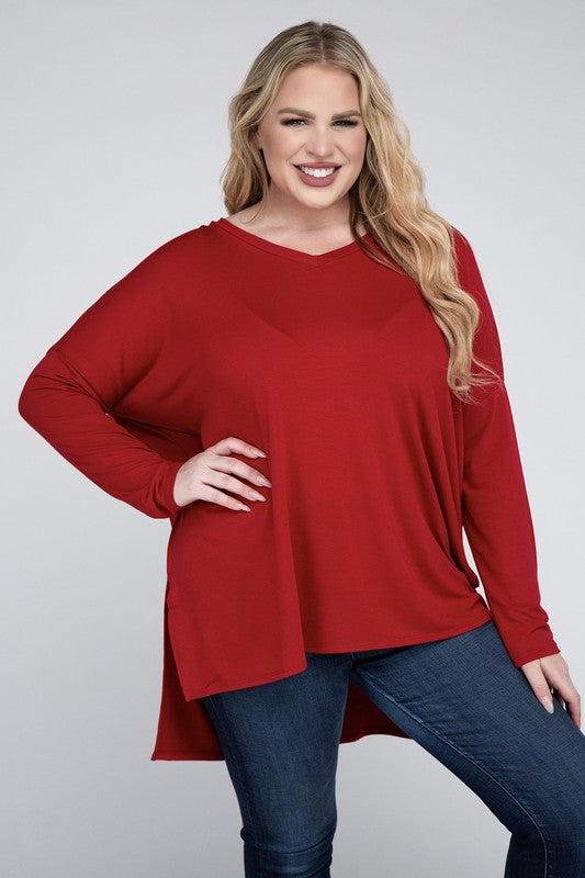 Plus Dolman Sleeve V-Neck Side Slit Hi-Low Hem Top - Zenana